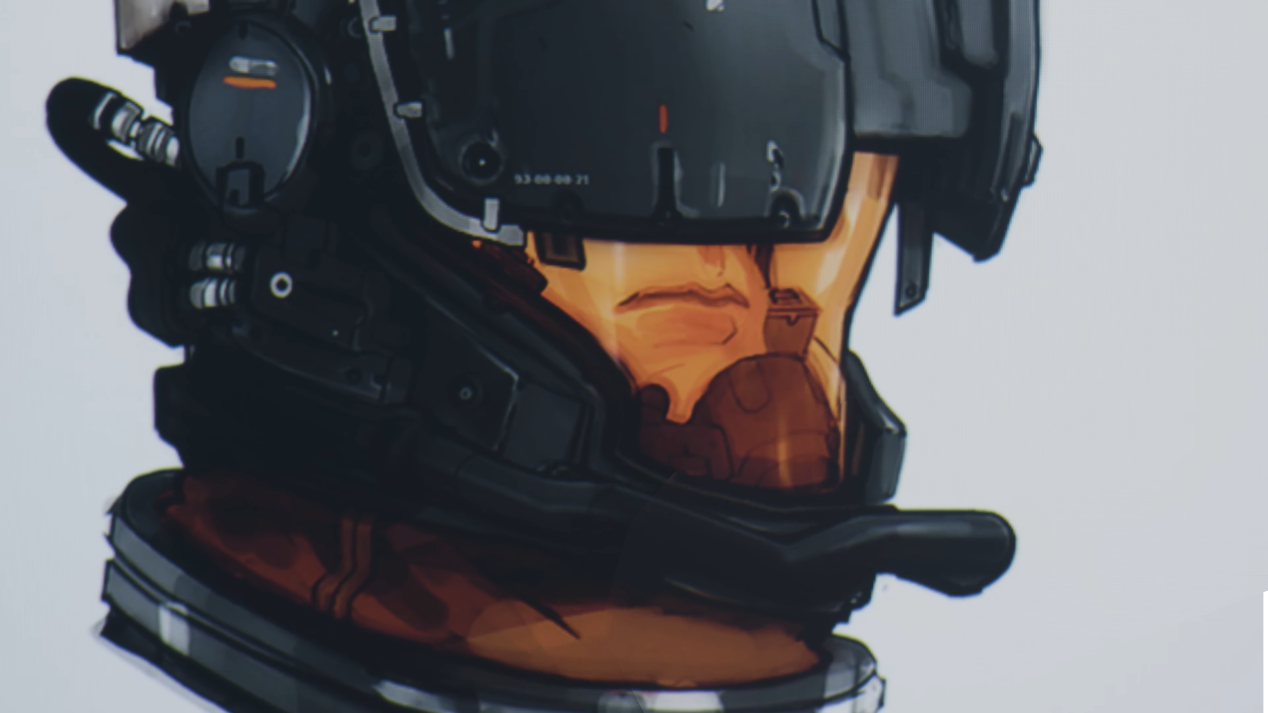 Drawn and painted Starfield concept art of character wearing helmet