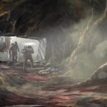Starfield concept art characters exploring cave in space suits
