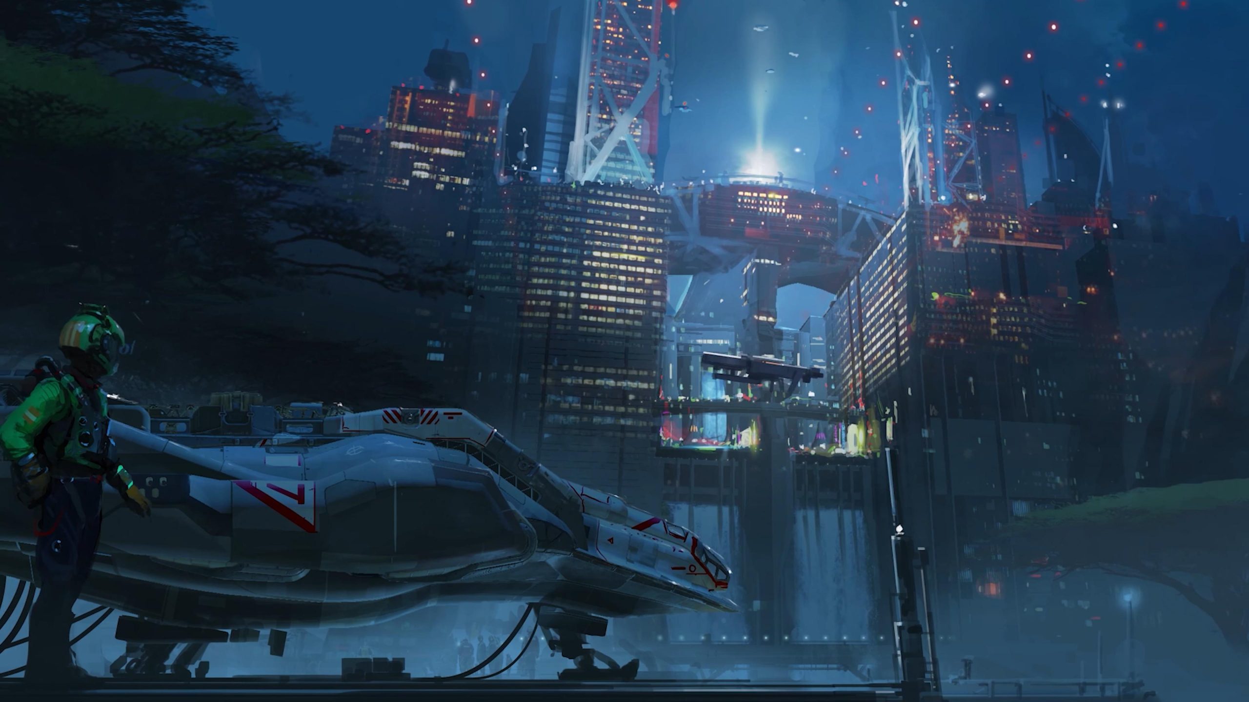 Starfield concept art of character next to ship overlooking New Atlantis