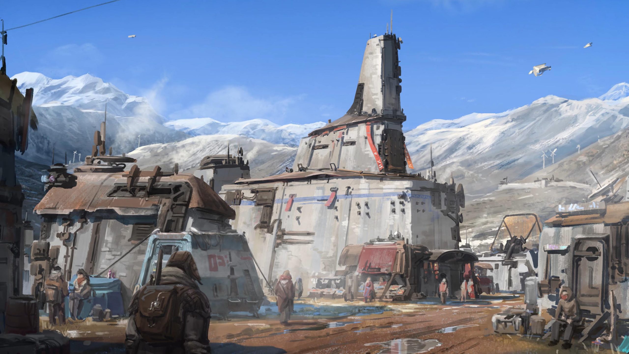 Starfield concept art of planet Akila city market with mountains