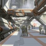 Starfield Concept Art of the rail station transport system