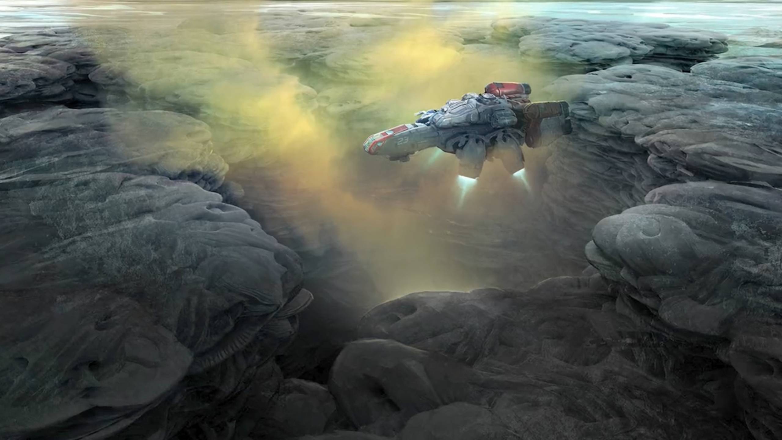 Starfield concept art of starship above hole in planet