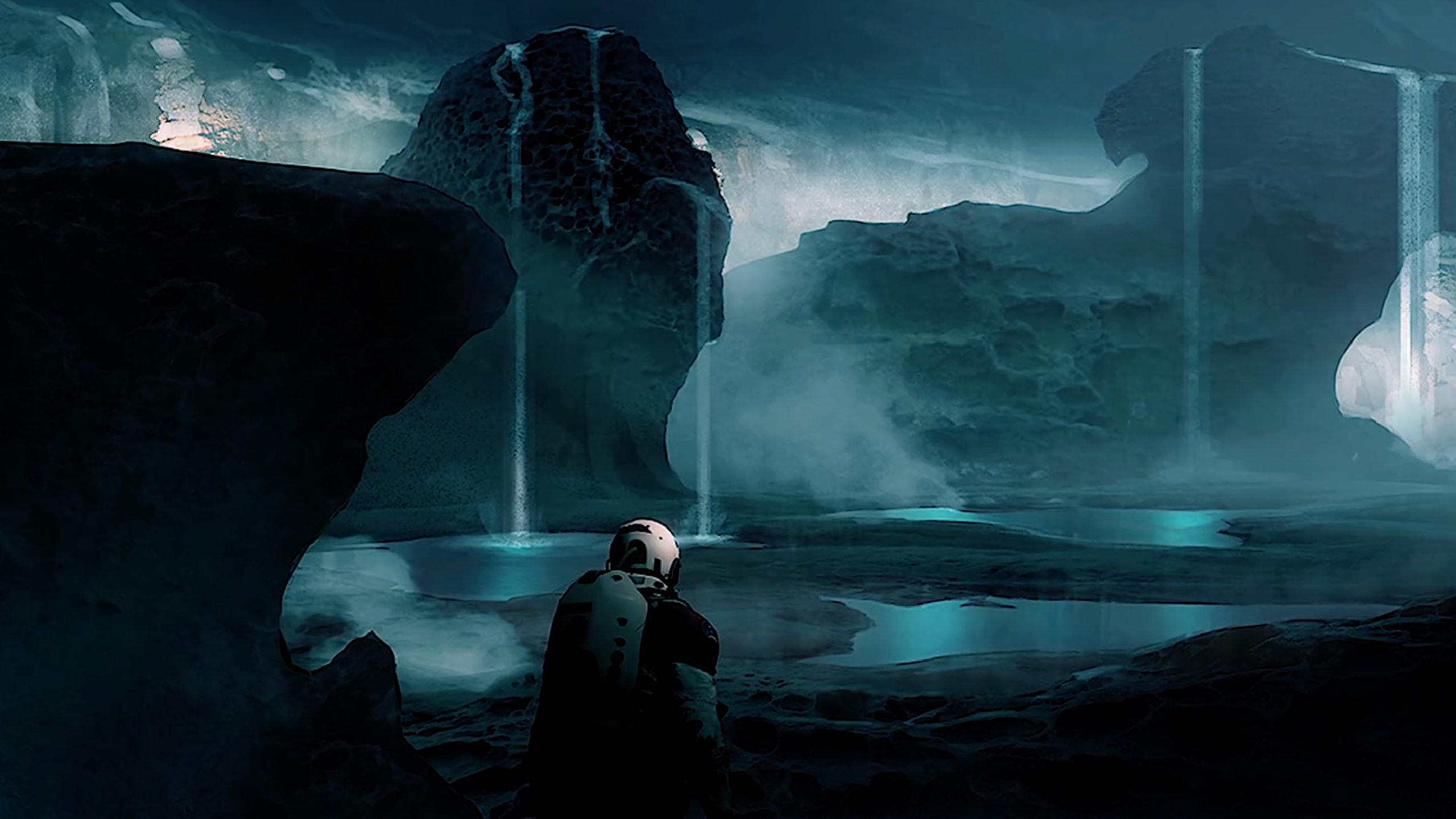 Starfield Concept Art blue cave with waterfall
