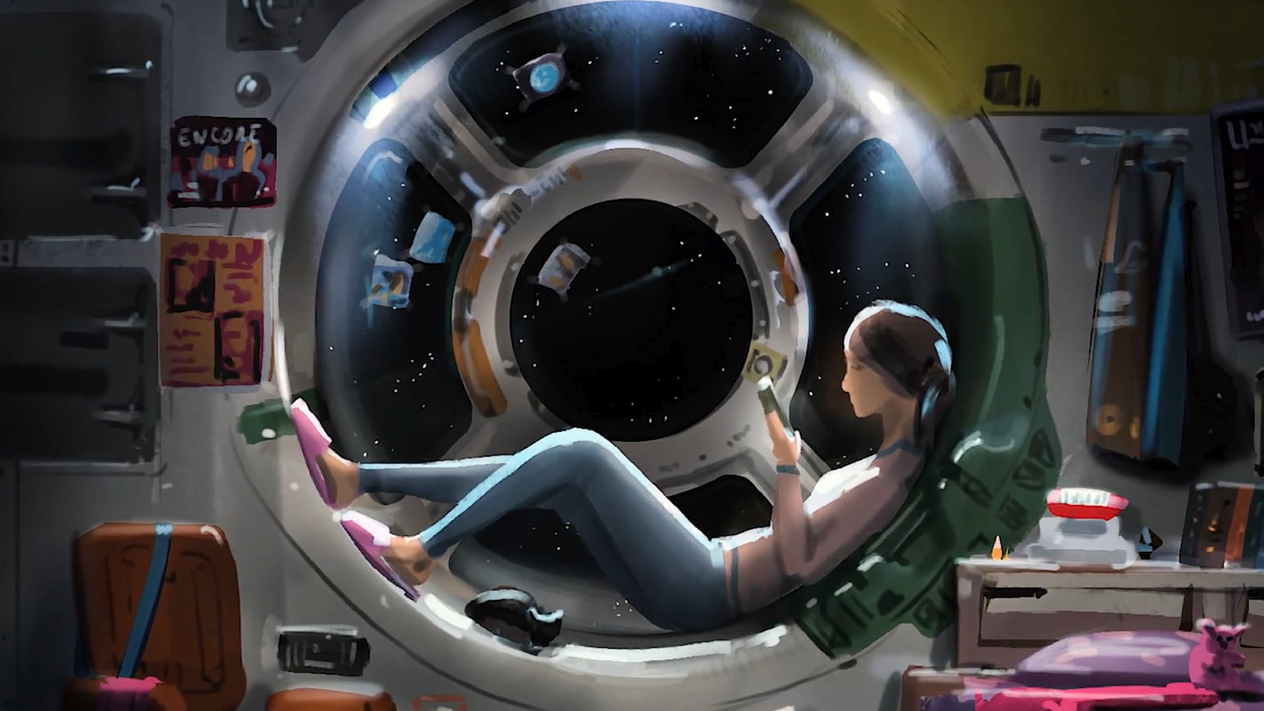 Starfield Concept Art young woman reading at starship window