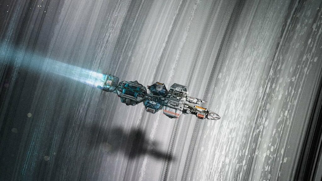 Starfield Concept Art starship across planets rings grey