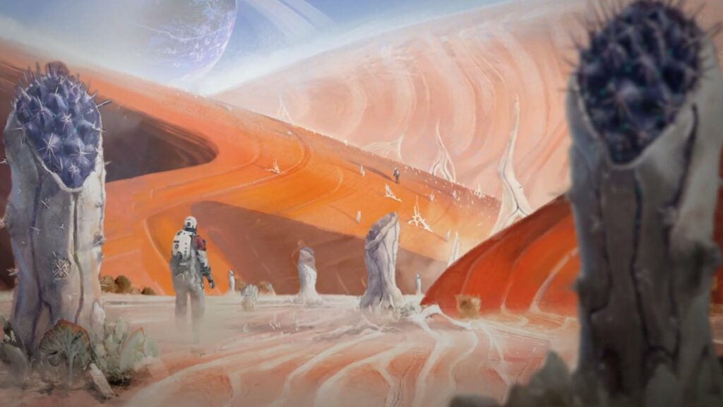 Starfield Concept Art player in orange space desert
