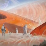 Starfield Concept Art player in orange space desert