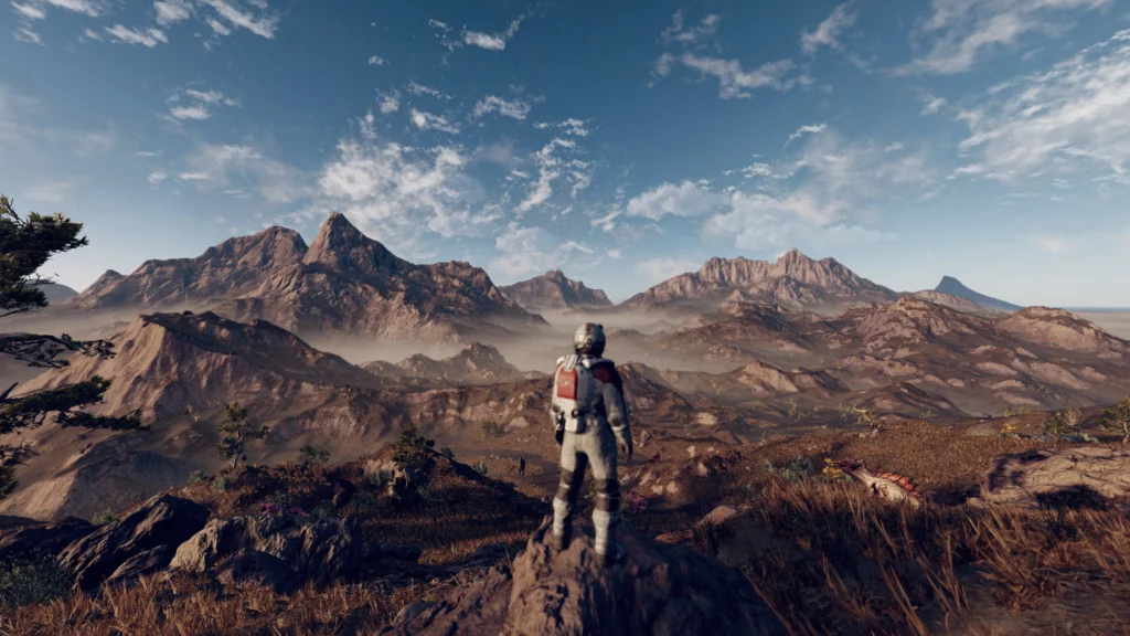 Starfield in-game screenshot player standing on rock